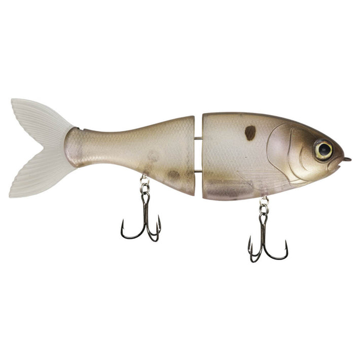 Bucca Trick Shad fishing lure designed to mimic a small fish with a segmented body and two treble hooks, ideal for fishing tackle and musky fishing.