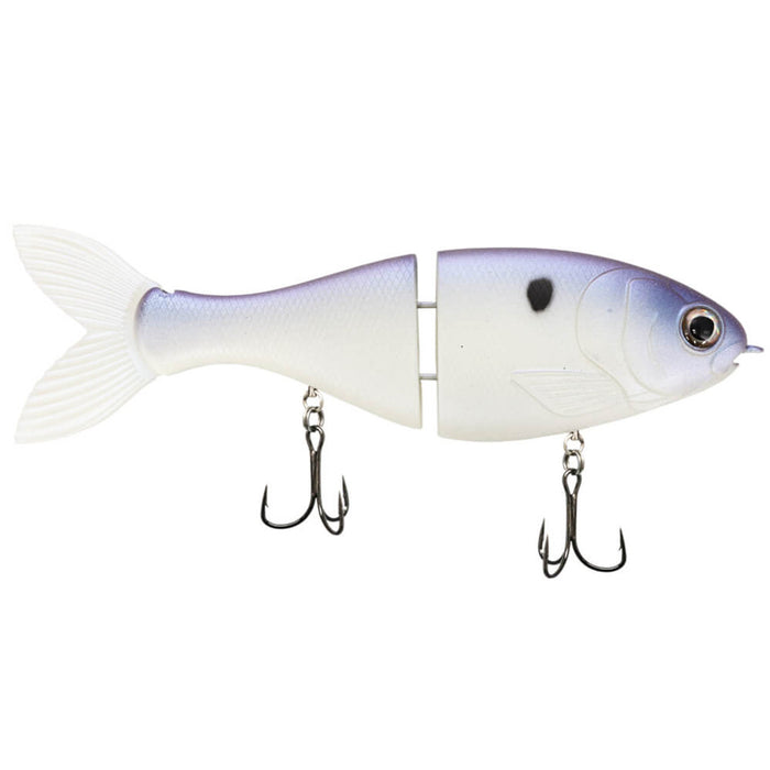 Bucca Trick Shad fishing lure designed with a segmented white and light purple body, realistic eyes, and two treble hooks for effective musky fishing tackle.