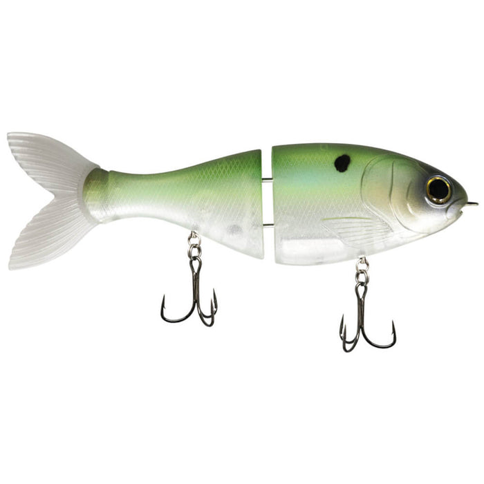 Bucca Trick Shad segmented fishing lure with a green and white body, lifelike eyes, and two treble hooks designed for fishing tackle enthusiasts.