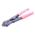 Bucher 8" Bolt/Hook Cutter with black metal cutting jaws and long handles featuring textured pink grips, designed for cutting fishing tackle hooks and bolts.