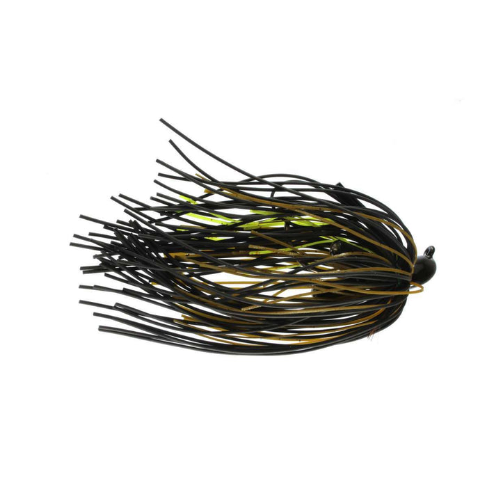 Black and yellow Buckeye Mop Jig fishing lure with a skirted design, used for musky fishing tactics and effective in attracting large fish.