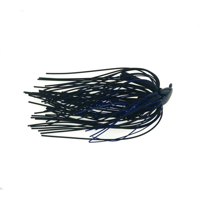 Buckeye Mop Jig fishing lure with black and dark blue flexible rubber strands attached to a weighted head, designed for musky and ice fishing tackle.