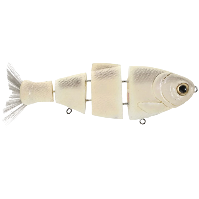 Bull Shad 6" Fast Sink Swimbait segmented jointed swimbait lure in natural light beige color with detailed fish scale texture and lifelike eyes, designed for fishing tackle.