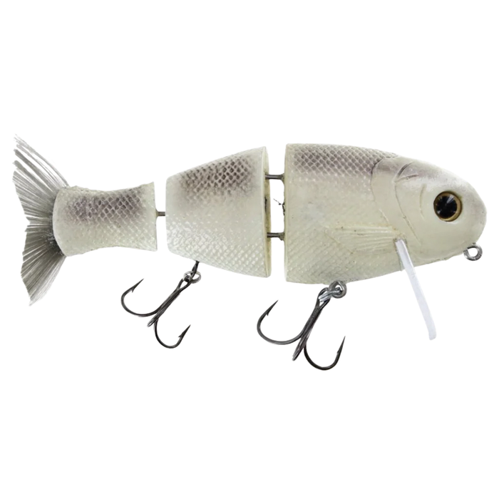 Bull Shad 6" Wake Shad Knocker fishing lure with segmented body in natural shad color, detailed scales, lifelike eyes, and two treble hooks designed for musky fishing and fishing tackle use.
