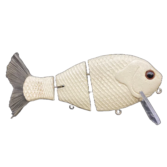 Bull Shad Wake Gill fishing lure in segmented design with textured bone-colored body and detailed tail, featuring realistic eye and diving lip for musky fishing tackle.