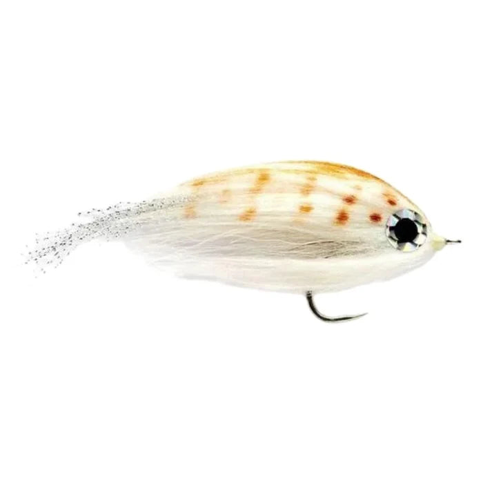 Bus Ticket 6/0 fishing lure designed with a white and tan body, realistic eye detail, and a sharp hook, ideal for musky fishing and fishing tackle collections.