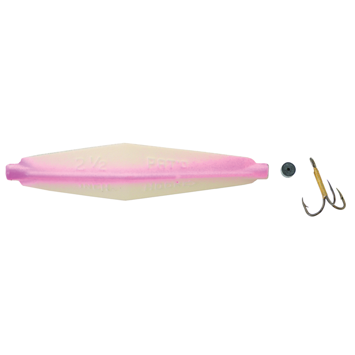 Buzz Bomb fishing lure with a tapered body in pink and white gradient, accompanied by a small black washer and a sharp treble hook, designed for musky fishing.