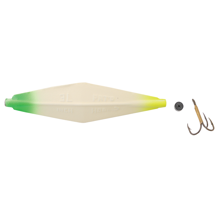 Buzz Bomb fishing lure with a white body featuring green and yellow gradient tips, accompanied by a small black weight and a bronze treble hook for musky fishing tackle.