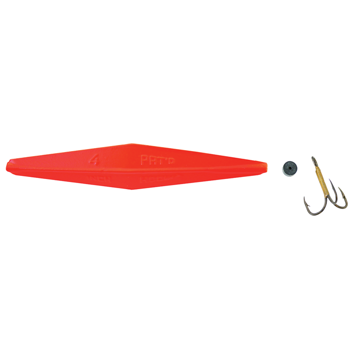 Bright orange Buzz Bomb fishing lure with a small black stopper and a triple-pronged metal hook, designed for musky fishing tackle and outdoor fishing use.