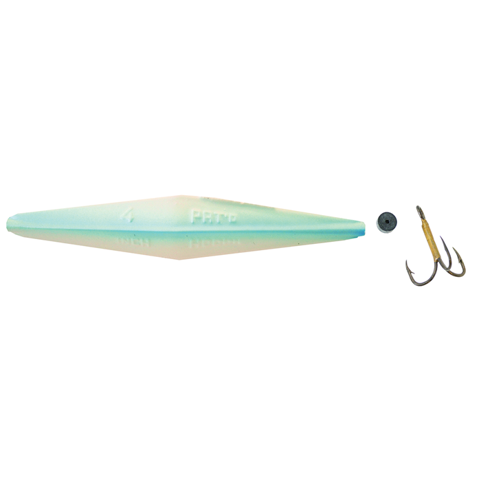 Buzz Bomb fishing lure in pale blue and white with a spherical black weight and a metal treble hook, designed for musky fishing tackle.