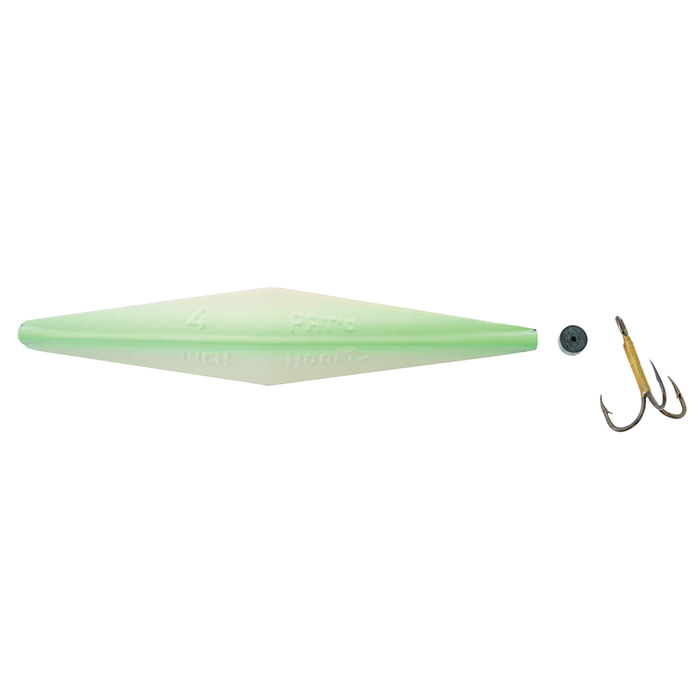 Green tapered fishing lure with a small black stopper and a treble hook, designed as the Buzz Bomb for musky fishing tackle.