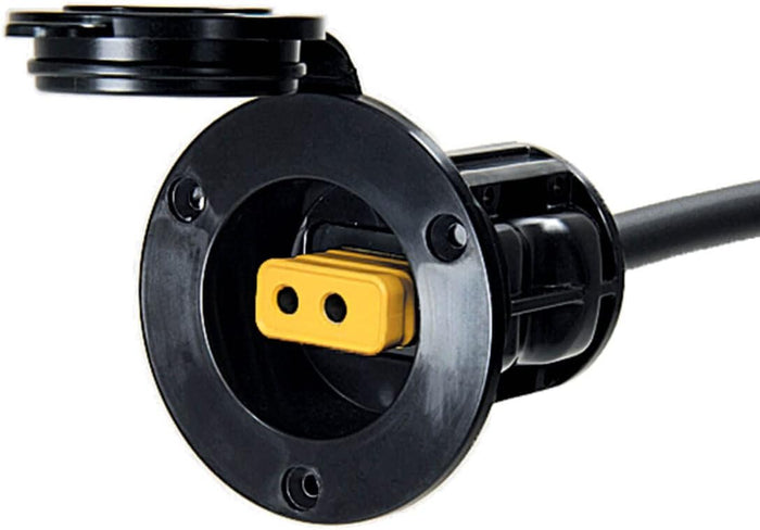 Cannon Flush Mount Power Port showing a black circular mounting base with a protective cap and a yellow dual-slot power connector for marine electronics and fishing tackle applications.