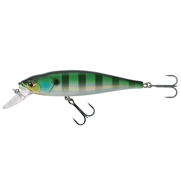 Caperlan MNW 100 SP fishing lure with a green and black striped design, featuring two treble hooks and a clear diving lip for effective fishing tackle use.
