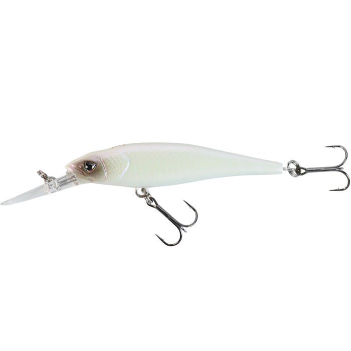 Caperlan MNWDD 76 SP fishing lure with a sleek, elongated white body, lifelike eyes, and two sharp treble hooks designed for effective fishing tackle performance.