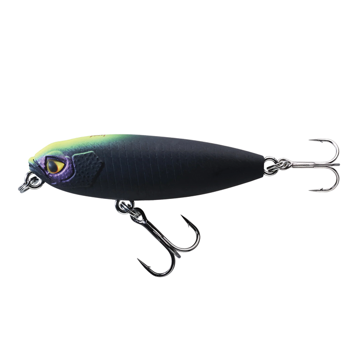 Caperlan STK 45 F fishing lure with a sleek black and green body, detailed fish-eye design, and two sharp treble hooks for effective fishing tackle use.