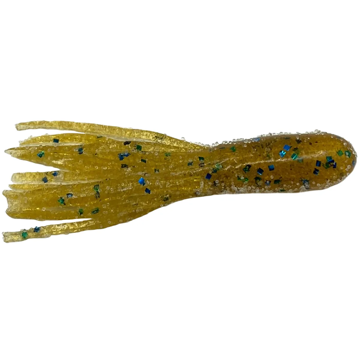 Soft translucent yellow fishing lure with blue and silver glitter flakes, segmented with a tapered body and multiple flexible appendages, Cast Again Tackle 2.25" Finesse Salty Tubes (Bulk Pack)