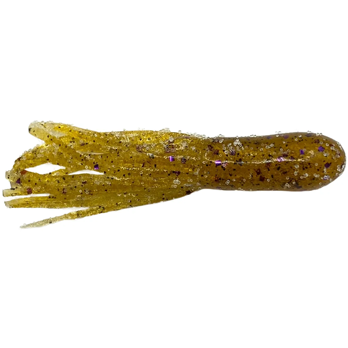 Cast Again Tackle 2.25" Finesse Salty Tubes (Bulk Pack) showing a translucent, soft plastic fishing lure in golden color with glitter flakes designed for finesse fishing and fishing tackle use.