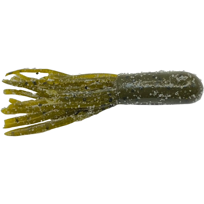 Cast Again Tackle 2.25" Finesse Salty Tubes (Bulk Pack) soft plastic fishing lure in olive green with fine glitter flakes, designed to mimic small bait for freshwater fishing tackle.