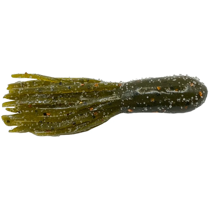 Cast Again Tackle 2.25" Finesse Salty Tubes (Bulk Pack) shown in olive green with black and orange flecks, featuring a soft segmented body designed for fishing tackle and lures.