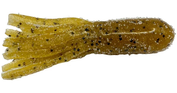Cast Again Tackle 2.25" Salty Tubes (Bulk Pack) soft plastic fishing lure in golden color with glitter flakes, designed for use as fishing tackle for musky and other game fish.