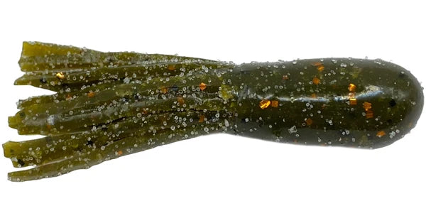 Cast Again Tackle 2.25" Salty Tubes (Bulk Pack) soft plastic fishing lure in olive green with orange and silver flecks, designed for musky fishing tackle.