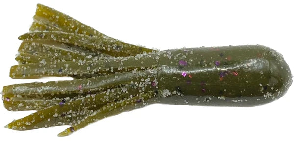 Cast Again Tackle 2.25" Salty Tubes (Bulk Pack), olive green soft plastic fishing lure with purple and silver glitter flakes, designed for fishing tackle use.