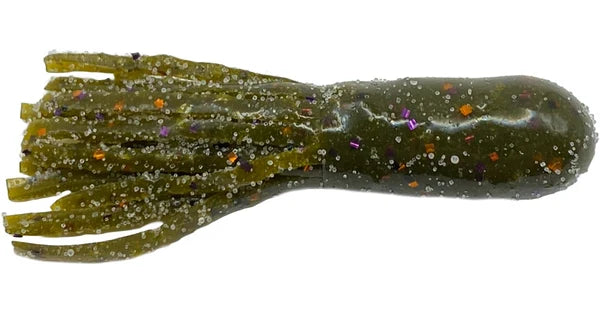 Cast Again Tackle 2.25" Salty Tubes (Bulk Pack) soft plastic fishing lure in olive green with multicolored glitter, designed for musky and freshwater fishing tackle.