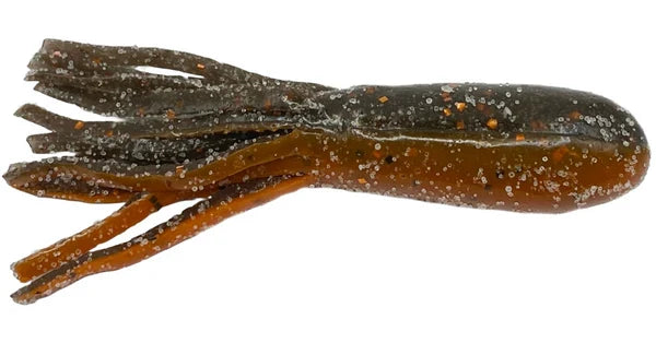 Cast Again Tackle 2.75" Salty Tubes (Bulk Pack), soft fishing lure shaped like a tube with multiple tentacle-like appendages, brown with black and glitter specks for attracting fish.