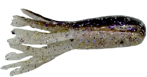 Cast Again Tackle 2.75" Salty Tubes (Bulk Pack), a soft fishing lure with translucent body featuring black, purple, and silver glitter designed for musky and other freshwater fishing.