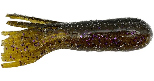 Cast Again Tackle 2.75" Salty Tubes (Bulk Pack) soft plastic fishing lure in dark brown with purple flakes and segmented tentacle-like tail for realistic movement.