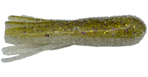 Cast Again Tackle 2.75" Salty Tubes (Bulk Pack) fishing lure in translucent olive green with purple and silver glitter, designed for musky and ice fishing tackle.