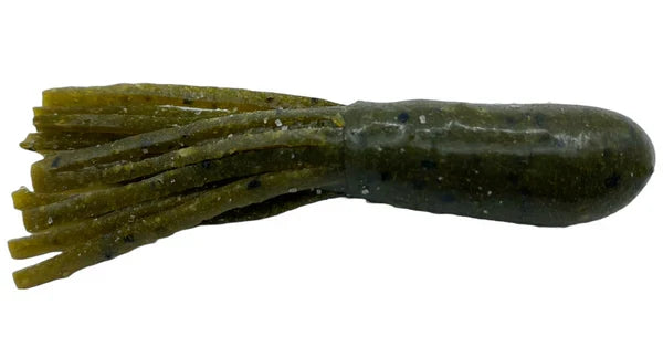 Cast Again Tackle 2.75" Salty Tubes (Bulk Pack) showing a soft, olive green fishing lure with multiple slender tentacle-like appendages designed for musky fishing and other freshwater species.