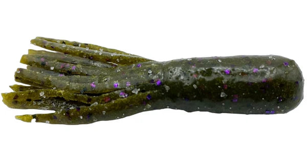 Cast Again Tackle 2.75" Salty Tubes (Bulk Pack) fishing lure in olive green with purple and silver flecks, featuring a soft, segmented tube design for musky and ice fishing tackle.