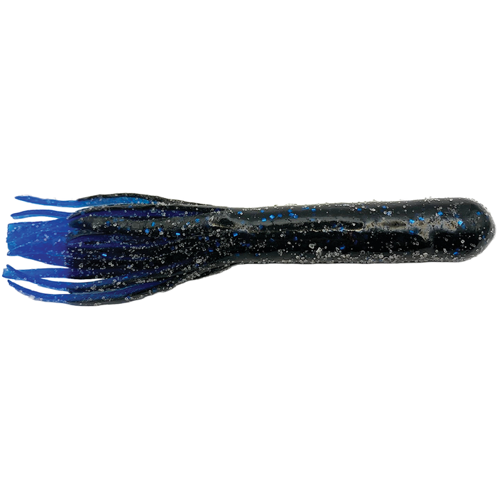 Cast Again Tackle 4.5" Salty Flippin Tubes fishing lure in black with blue glitter, designed for effective musky and freshwater fishing tackle applications.