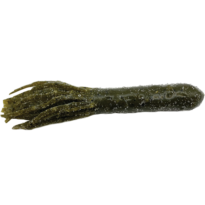 Cast Again Tackle 4.5" Salty Flippin Tubes fishing lure in olive green with silver glitter, featuring a soft, segmented body and tentacle-like appendages for realistic movement.