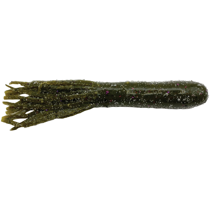Cast Again Tackle 4.5" Salty Flippin Tubes fishing lure in olive green with purple and silver glitter, featuring multiple soft tentacle-like appendages for realistic water movement.