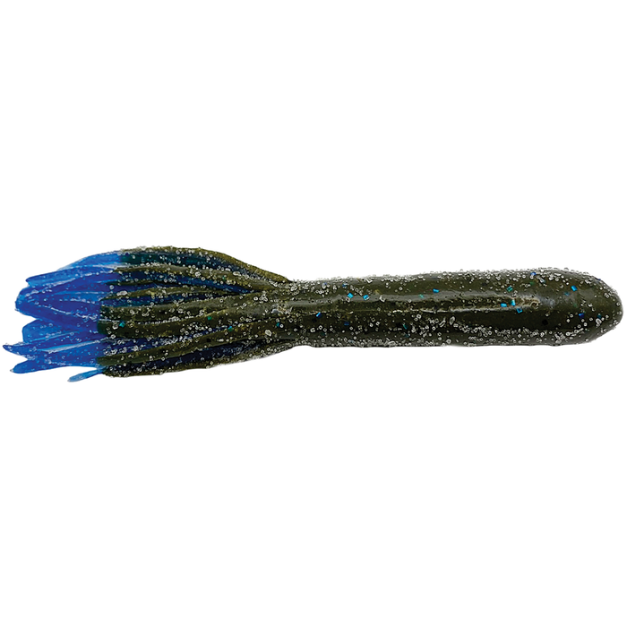 Cast Again Tackle 4.5" Salty Flippin Tubes fishing lure in dark green with blue tail and glitter accents, designed for fishing tackle enthusiasts seeking effective bait.