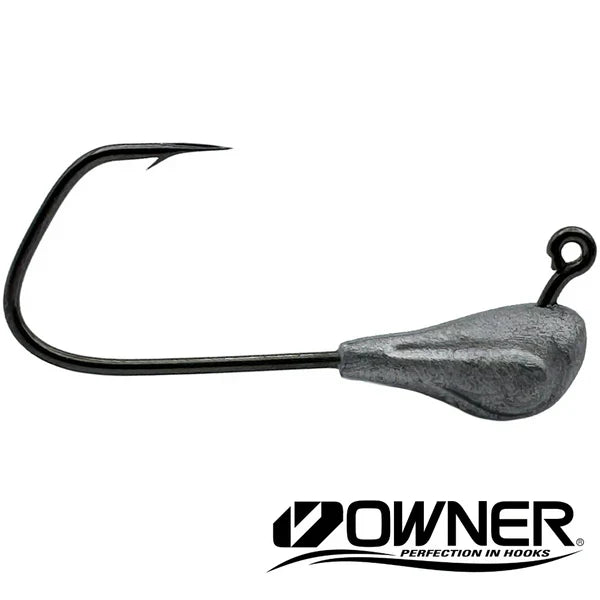 Cast Again Tackle Assassin Tube Jig Head featuring a sharp black fishing hook with a weighted, streamlined gray lead head, designed for use with fishing tackle in musky and ice fishing.