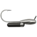 Close-up of a single metal fishing jig head featuring a curved hook, textured silver weighted body, and a black rattling chamber, identified as Cast Again Tackle Rattling Tube Jig Head (Bulk Pack).