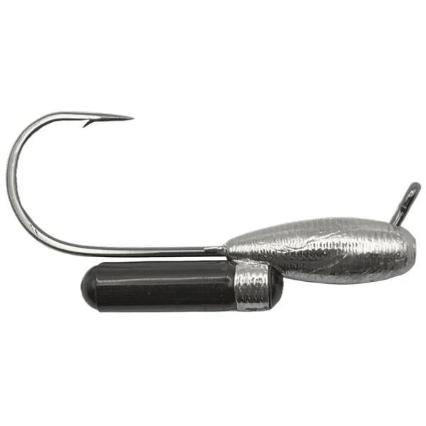 Close-up of a single metal fishing jig head featuring a curved hook, textured silver weighted body, and a black rattling chamber, identified as Cast Again Tackle Rattling Tube Jig Head (Bulk Pack).