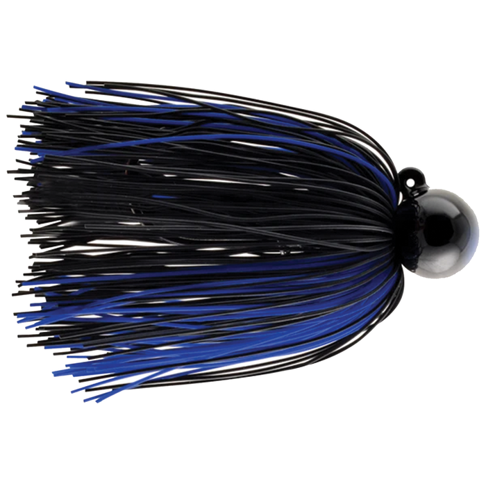 Cast Again Tapout Finesse Football Living Rubber Jig with black and blue rubber skirt and a rounded black football-shaped head for fishing tackle.