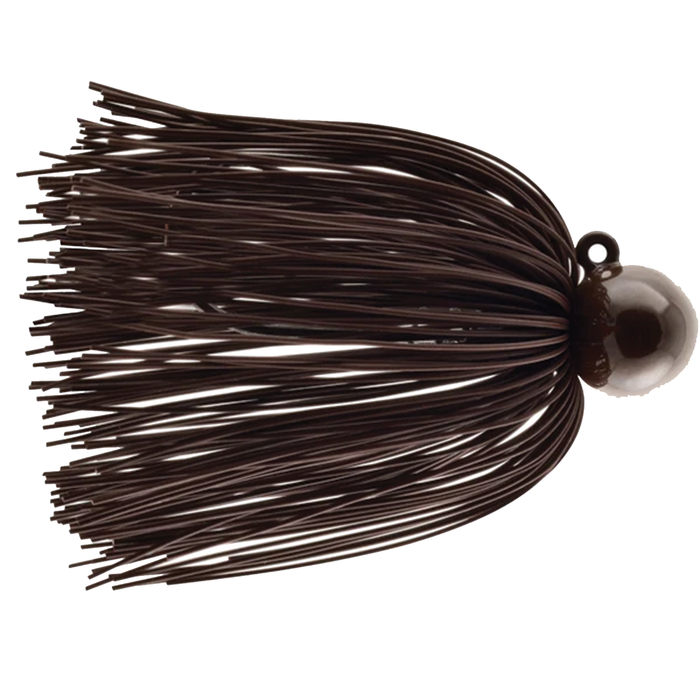 Cast Again Tapout Finesse Football Living Rubber Jig in dark brown, featuring a rounded football-shaped head and multiple flexible rubber strands for lifelike movement in fishing tackle applications.