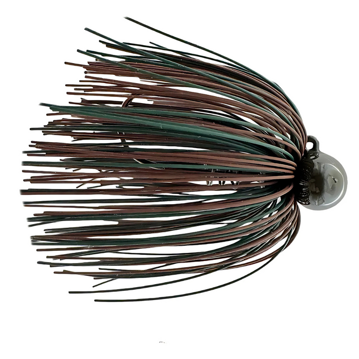 Cast Again Tapout Finesse Football Living Rubber Jig with brown and green rubber strands designed for fishing tackle and lure use.