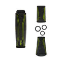 Set of black and green Casting Rod Grip Kits made of textured material with ergonomic contours, including matching washers for fishing rods and reels.