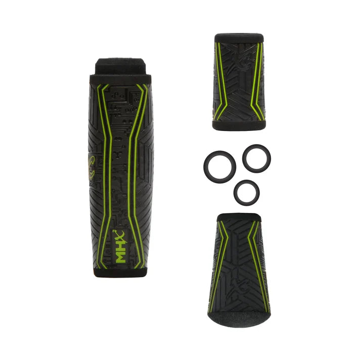 Set of black and green Casting Rod Grip Kits made of textured material with ergonomic contours, including matching washers for fishing rods and reels.