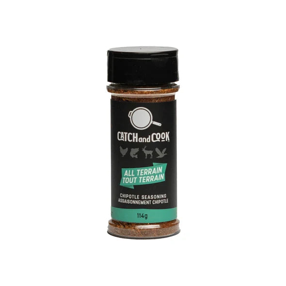 Bottle of Catch & Cook Spices chipotle seasoning with black lid and label displaying various animal icons and green accent, designed for versatile outdoor cooking use.