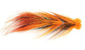 Catch Fly Merlin's Beard 5/0 fishing lure featuring long, flowing orange, black, and brown synthetic fibers designed for musky fishing tackle and fly fishing.