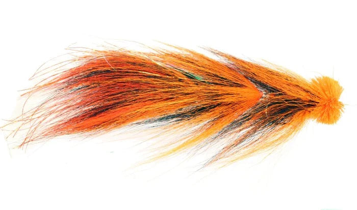 Catch Fly Merlin's Beard 5/0 fishing lure featuring long, flowing orange, black, and brown synthetic fibers designed for musky fishing tackle and fly fishing.