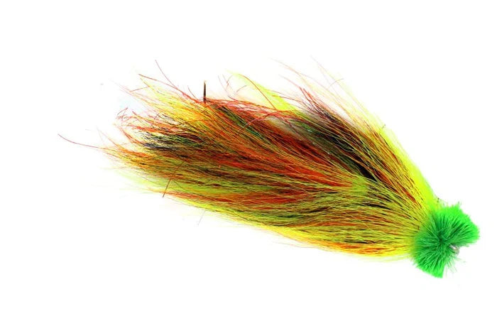 Catch Fly Merlin's Beard 5/0 fishing lure featuring vibrant green and orange fibers with black accents, designed for musky fishing and effective water movement.