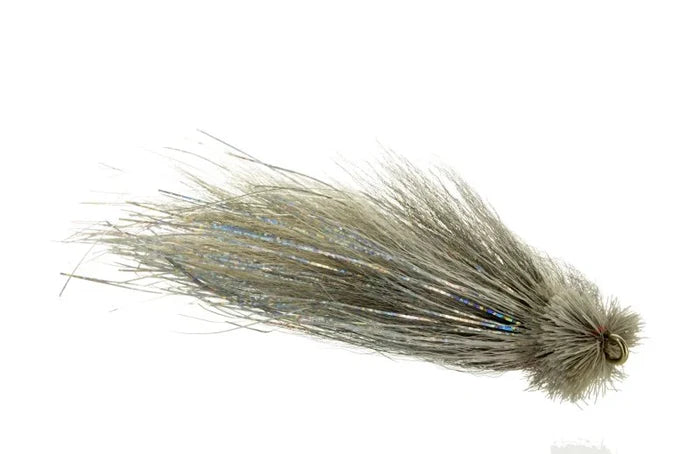 Catch Fly Merlin's Beard 5/0 fishing lure in gray and white with iridescent strands, designed for musky and fly fishing applications.